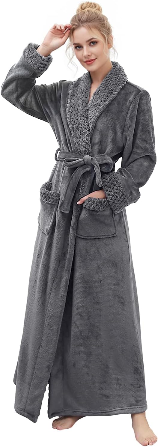 Hellomamma Long Bath Robe for Womens Plush Soft Fleece Bathrobes Nightgown Ladies Pajamas Sleepwear Housecoat