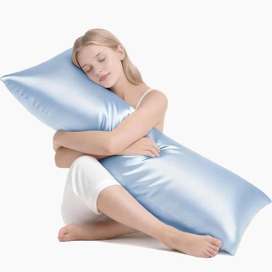 MR&HM Satin Body Pillow Cover, Soft and Breathable Body Pillow Case with Envelope Closure, Cooling and Silky Long Pillowcase for Hair and Skin,Grey (20x54, Light Blue)