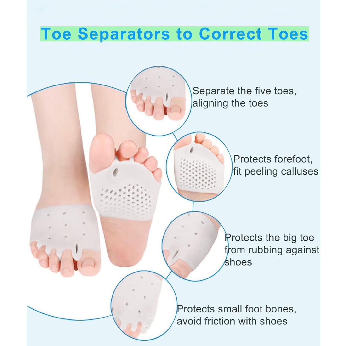 2 Pairs Silicone Toe Separators, Bunion Corrector Cushion, Metatarsal Pads, Ball of Foot Cushions, Breathable Soft Gel Foot Cushions for Men Women Straighten Overlapping Toes, Realign Crooked Toes