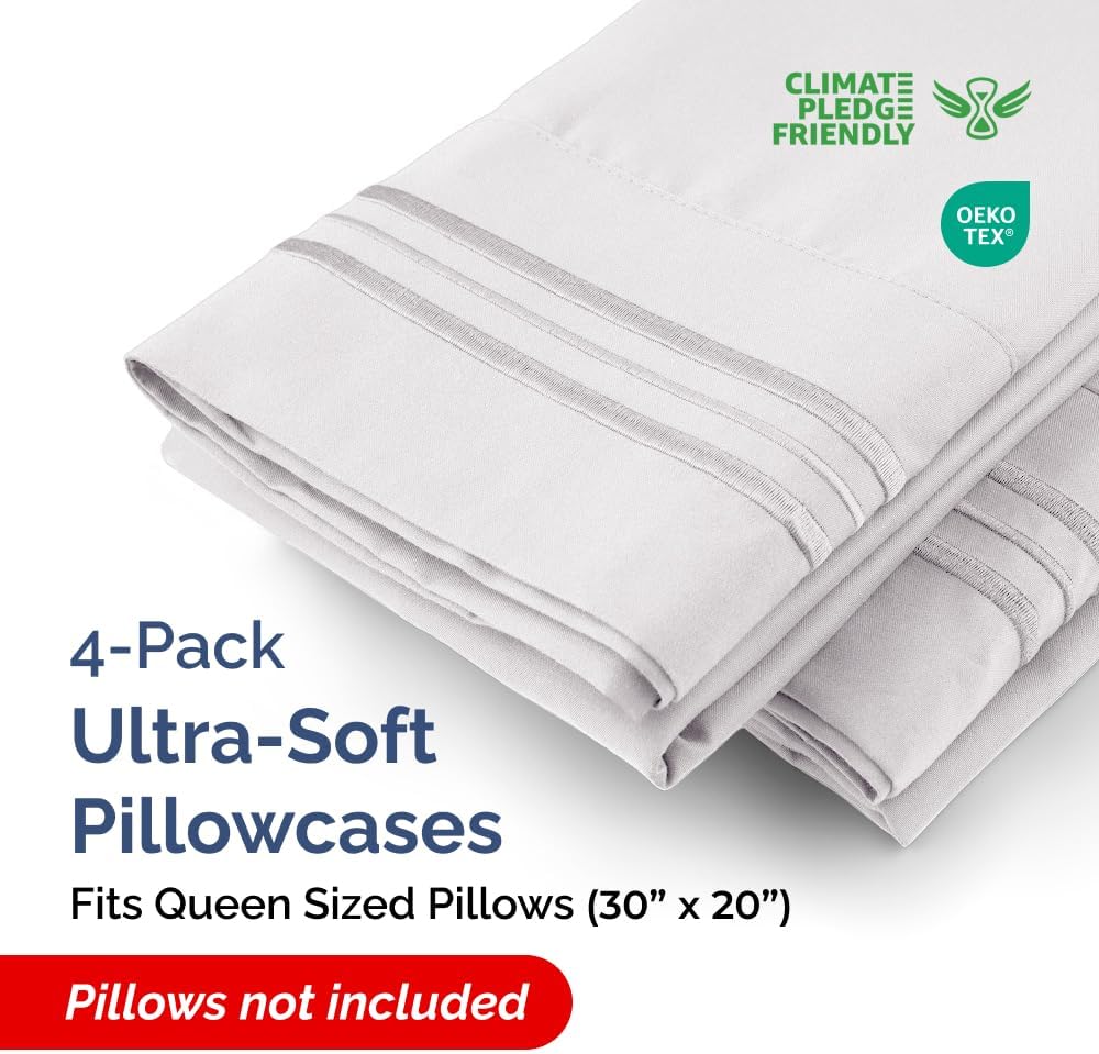 Queen Pillow Cases Set of 4 - Ultra Soft Hotel Quality Pillowcase Covers - Comfy, Cozy & Wrinkle Free - Shrinkage and Fade Resistant - Machine Washable Pillow Protectors - 4 Piece Set - French Grey