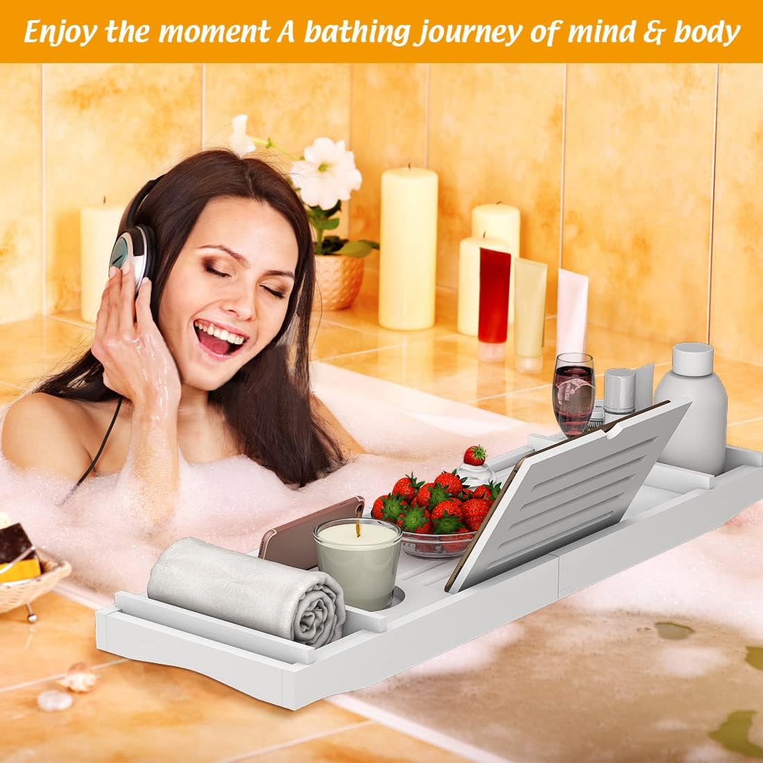 Zhuoyue Bamboo Bathtub Tray, Expandable Premium Bath Tray for Luxury Bathroom, Adjustable Bath Accessories for Tub with Soap Towel Book Holder, Extendable 29.5-43.3" White