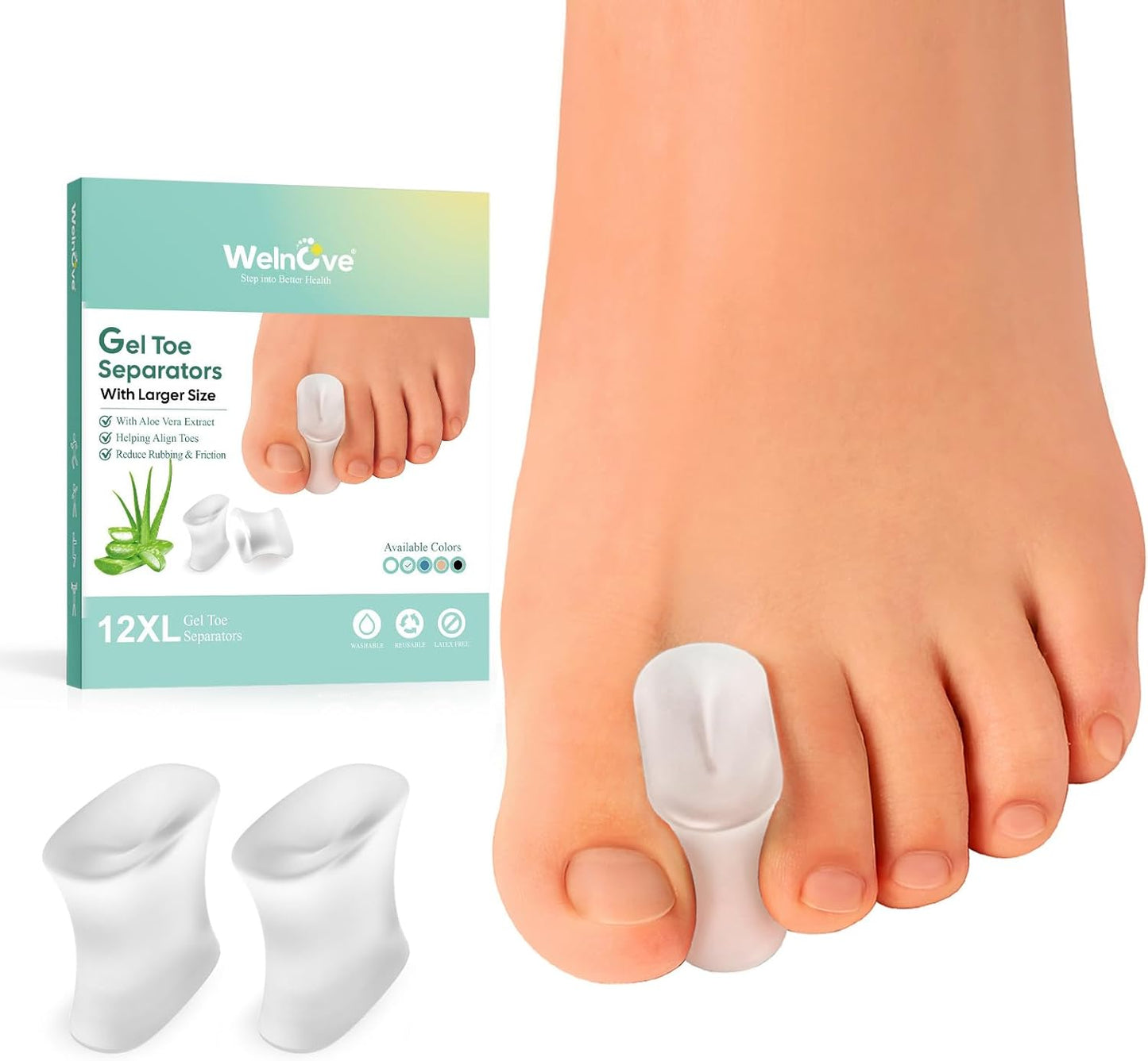 Welnove Upgraded Gel Toe Separators – 12-Pack Aloe Vera Extract Infused Silicone Toe Spacers for Straightening Overlapping Toes, Bunions, Calluses – Bunion Corrector for Men and Women (X-Large Size)