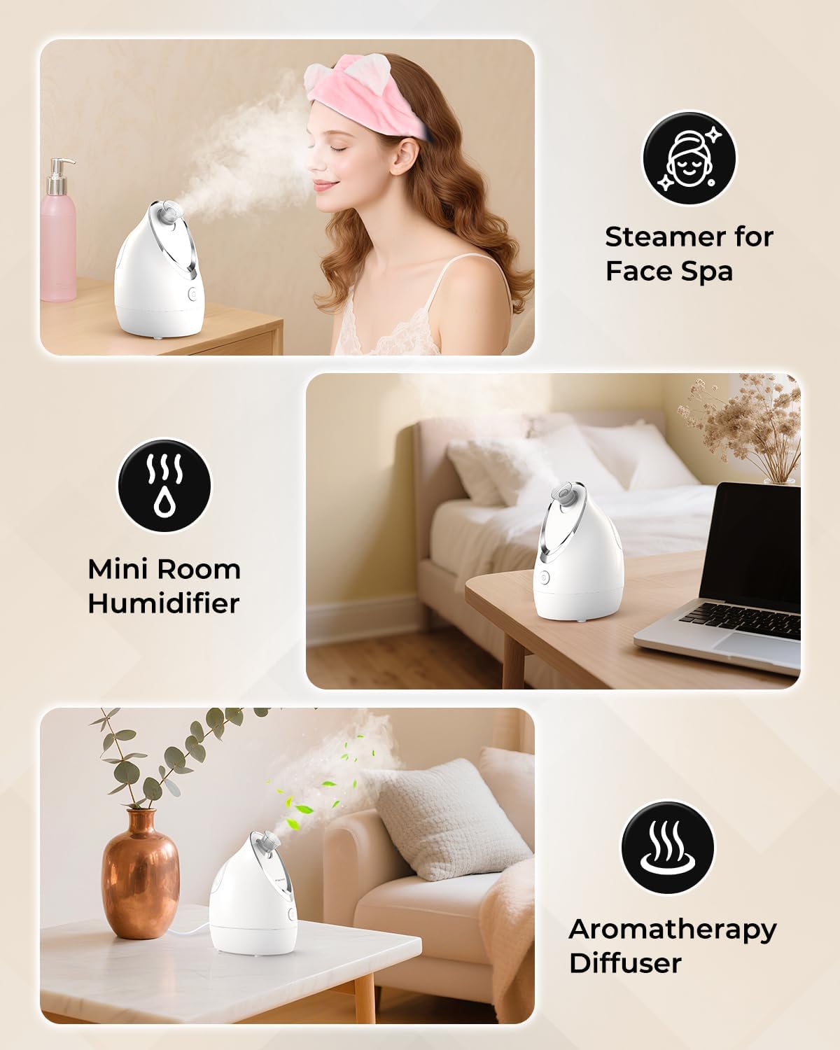 Kingsmile Facial Steamer for Face, 3 in 1 Face Steamer for Facial Deep Cleaning, Compact Nano Steamer - Aromatherapy, Adjustable Nozzle Warm Powerful Steam for Home SPA, Face Humidifier- SPA Headband