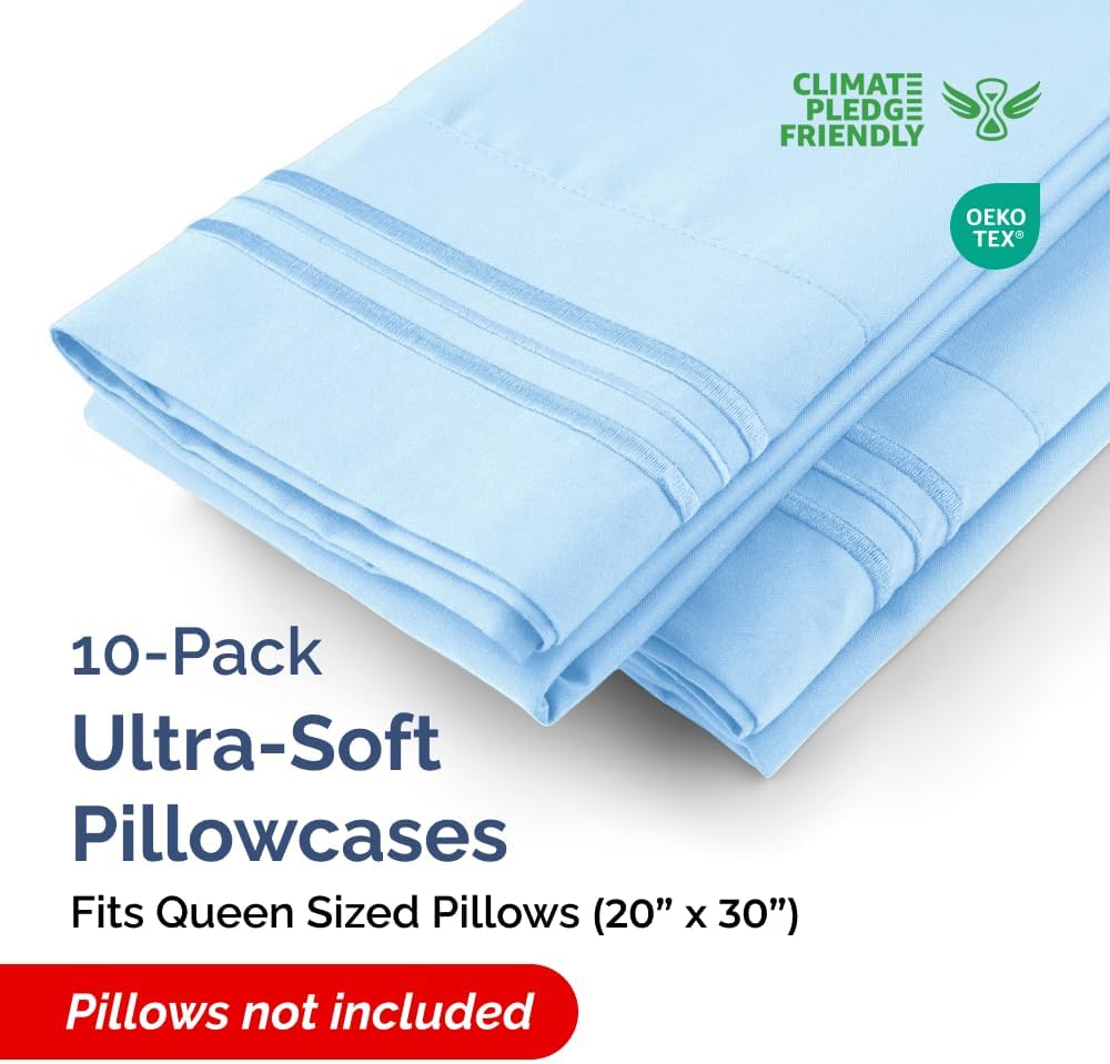 Queen Pillow Cases Set of 10 - Ultra Soft Hotel Quality Pillowcase Covers - Comfy, Cozy & Wrinkle Free - Shrink, Stain & Fade Resistant - Machine Washable Pillow Protectors - 10 Piece Set - Light Blue