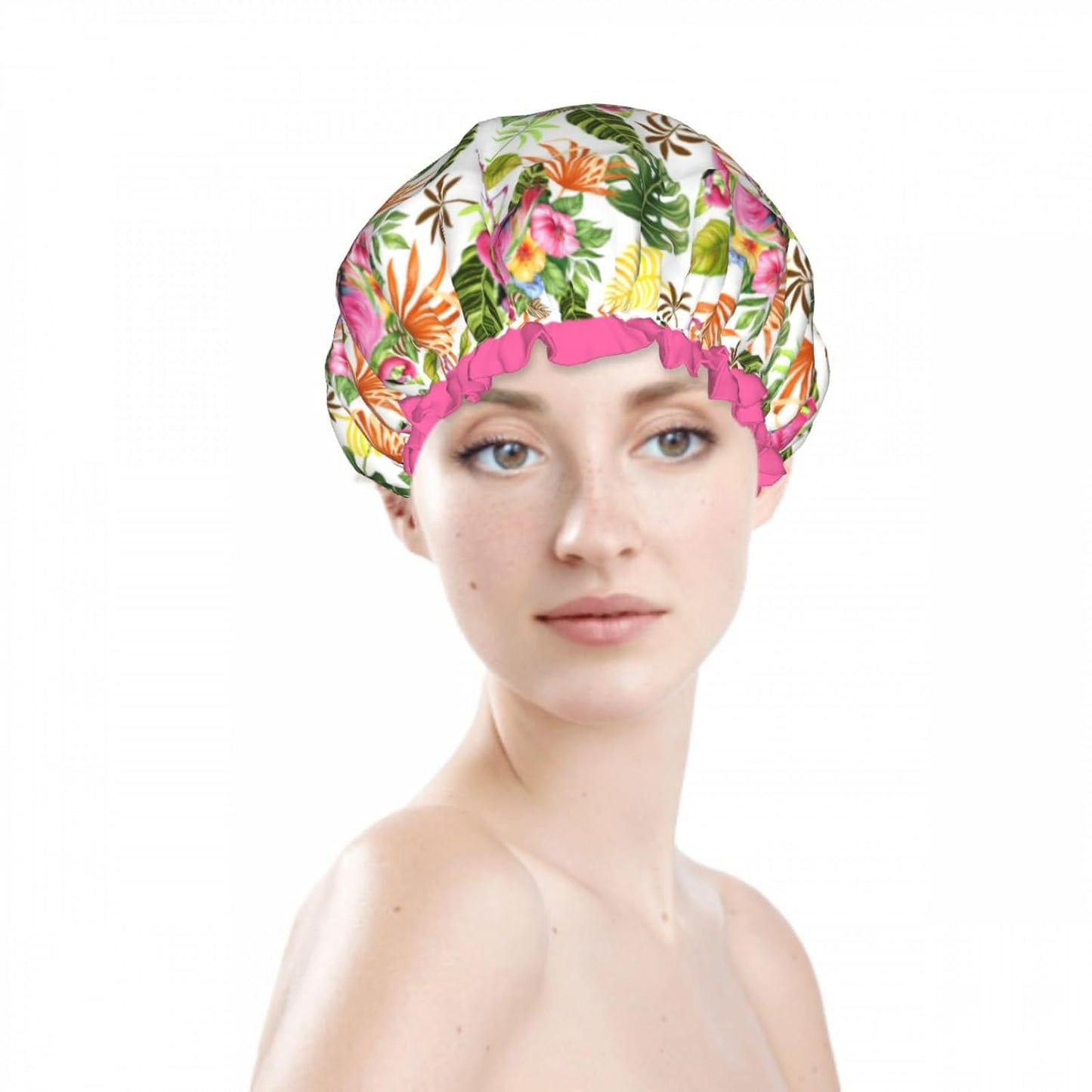 Cute Flamingo Leaves Flowers Double Layer Waterproof Shower Cap for Women Reusable Bath Cap for All Long Hair Lengths Soft Bath Shower Hat