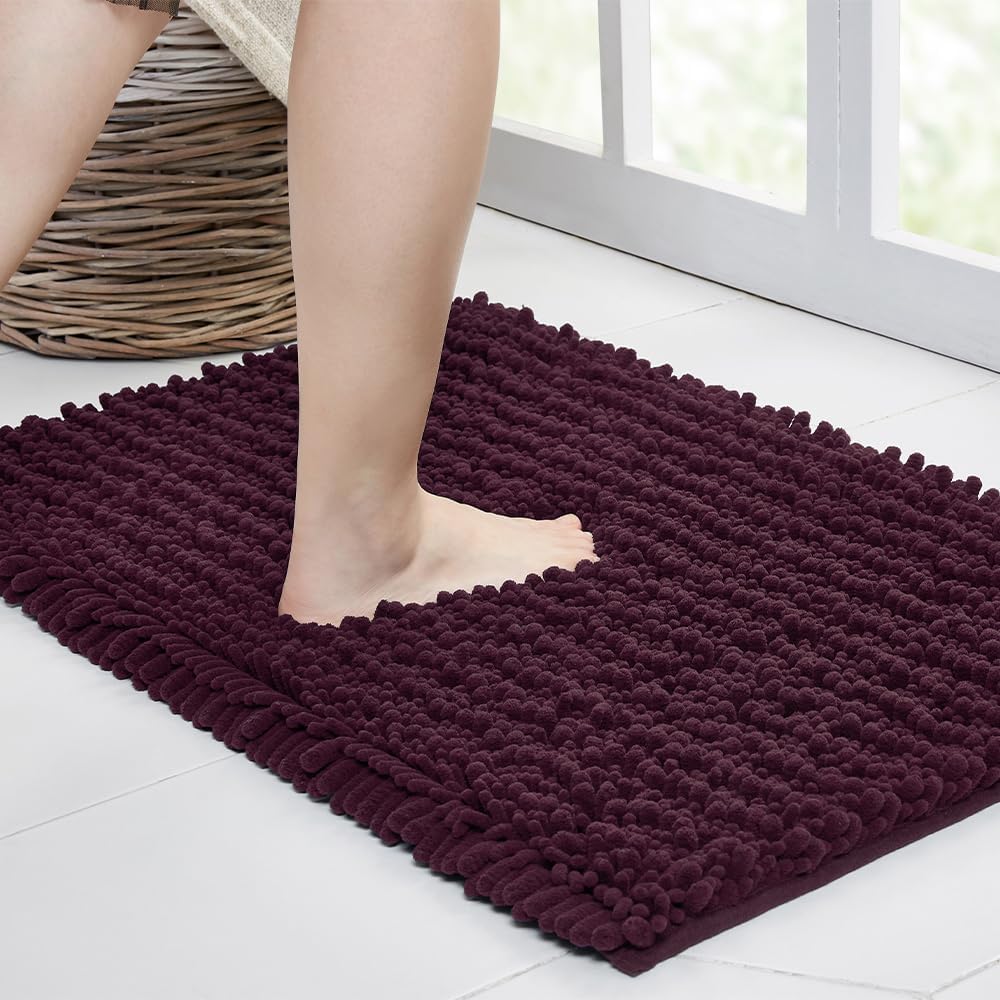 Walensee Bathroom Rug Non Slip Bath Mat (36x24 Inch Plum Purple) Water Absorbent Super Soft Shaggy Chenille Machine Washable Dry Extra Thick Large Plush Carpet for Shower Floor