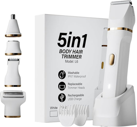 5-in-1 Bikini Trimmer Electric Razors with USB Cord, Excellent Facial Hair Elimination, Wet/Dry Body Shaver for Nose, Eyebrows, Beard, Leg, and Arm, IPX7 Waterproof (White)