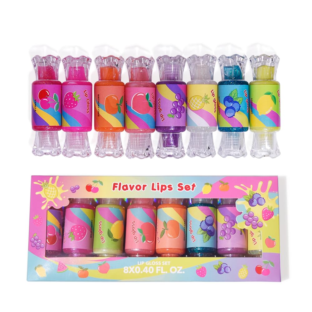 Cute Lip Gloss for Kids, 6PCS Glitter Girls Lip Gloss Set with Shape of Candy, Assorted Flavors Hydrating Lip Balm Party Favor Make-up for Girls and Teens Ages 8-12