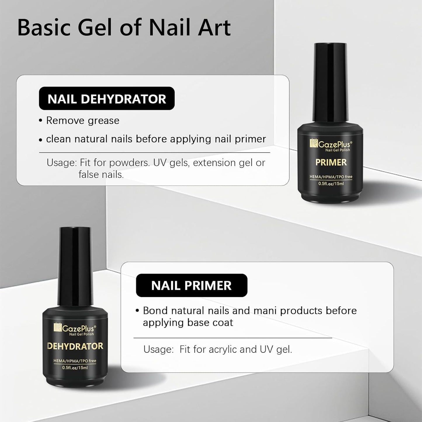 15ML Top Coat & Base Coat Set with Nail Primer and Nail Prep Dehydrator, Acid-Free Hema-free Dehydrate & Primer Set Shiny Top Coat for Acrylic Gel Nail Gel Polish Manicure