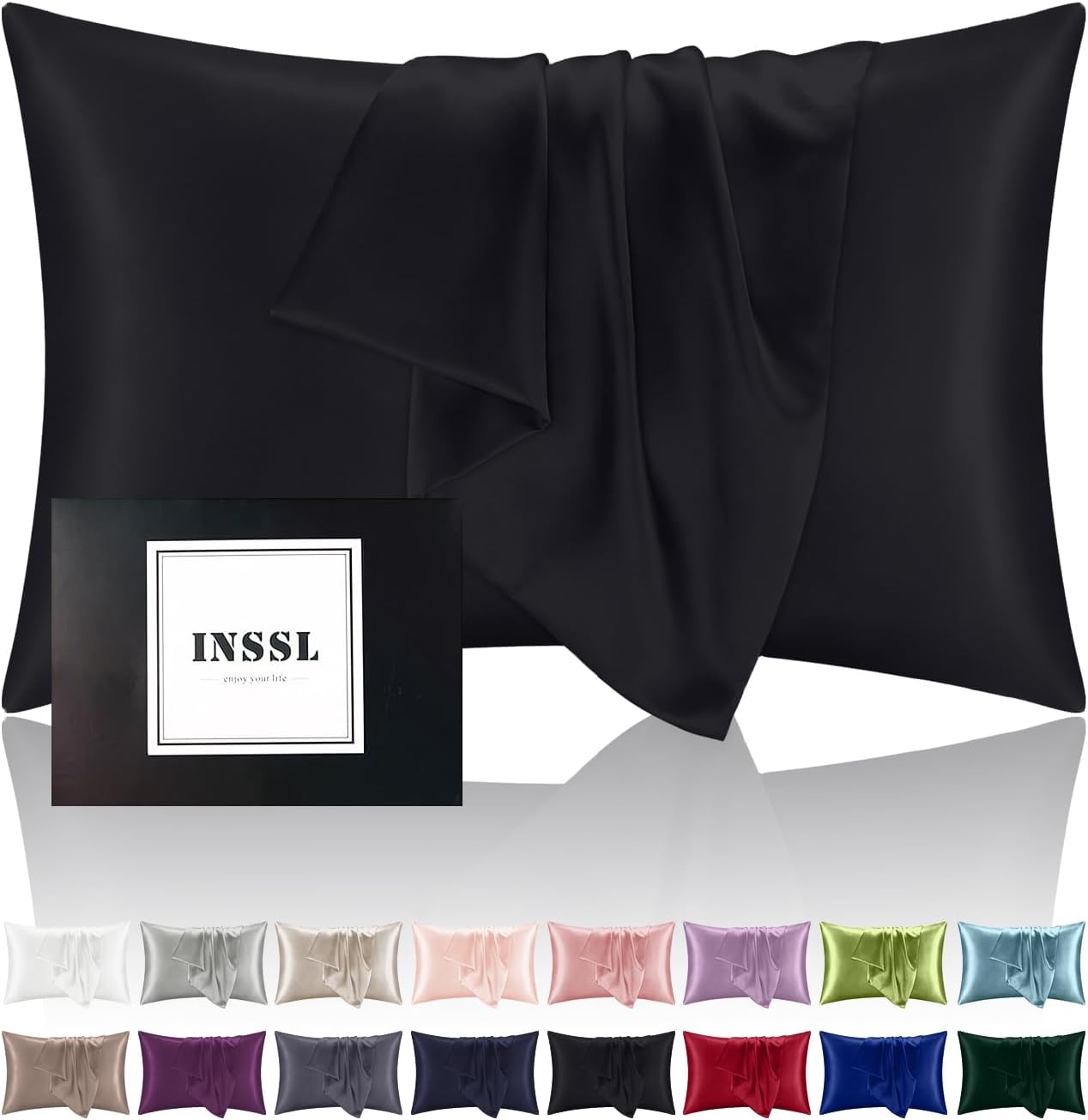 INSSL Silk Pillowcase f Women, Mulberry Silk Pillowcase for Hair and Skin and Stay Comfortable and Breathable During Sleep(Black,Standard)