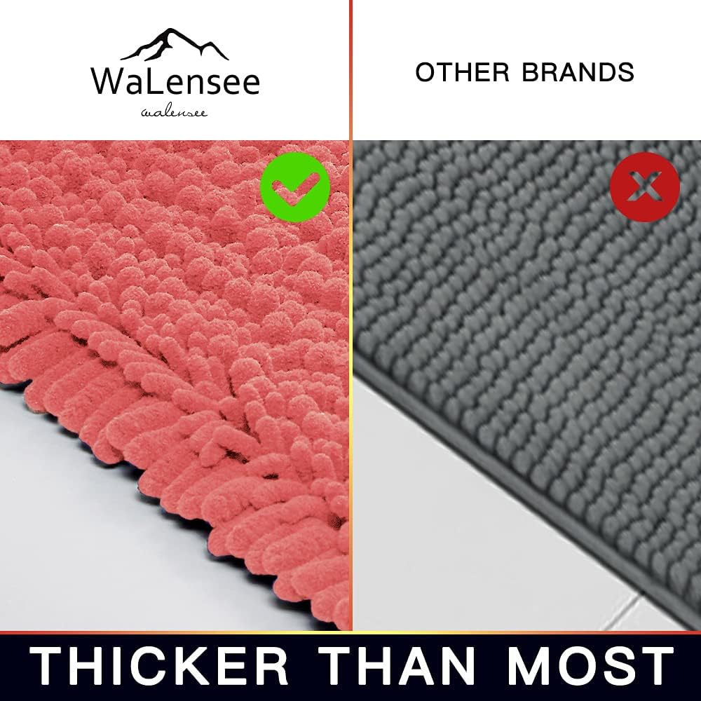 Walensee Bathroom Rug 2 Pieces Set Non Slip Bath Mat (17x24 Plus 20x32 Inch Living Coral) Water Absorbent Super Soft Shaggy Chenille Machine Washable Dry Extra Thick Perfect Carpet for Shower Floor