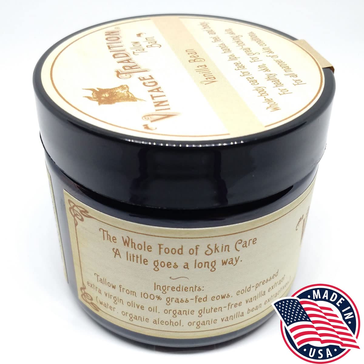 Vintage Tradition Beef Tallow All Purpose Balm - Healing, Hydrating Mild Vanilla Skin Care Salve Replaces Body Lotion, Hand Cream, More - Essential Oil, Olive Oil, and Grass-Fed Tallow, 2 fl. oz.
