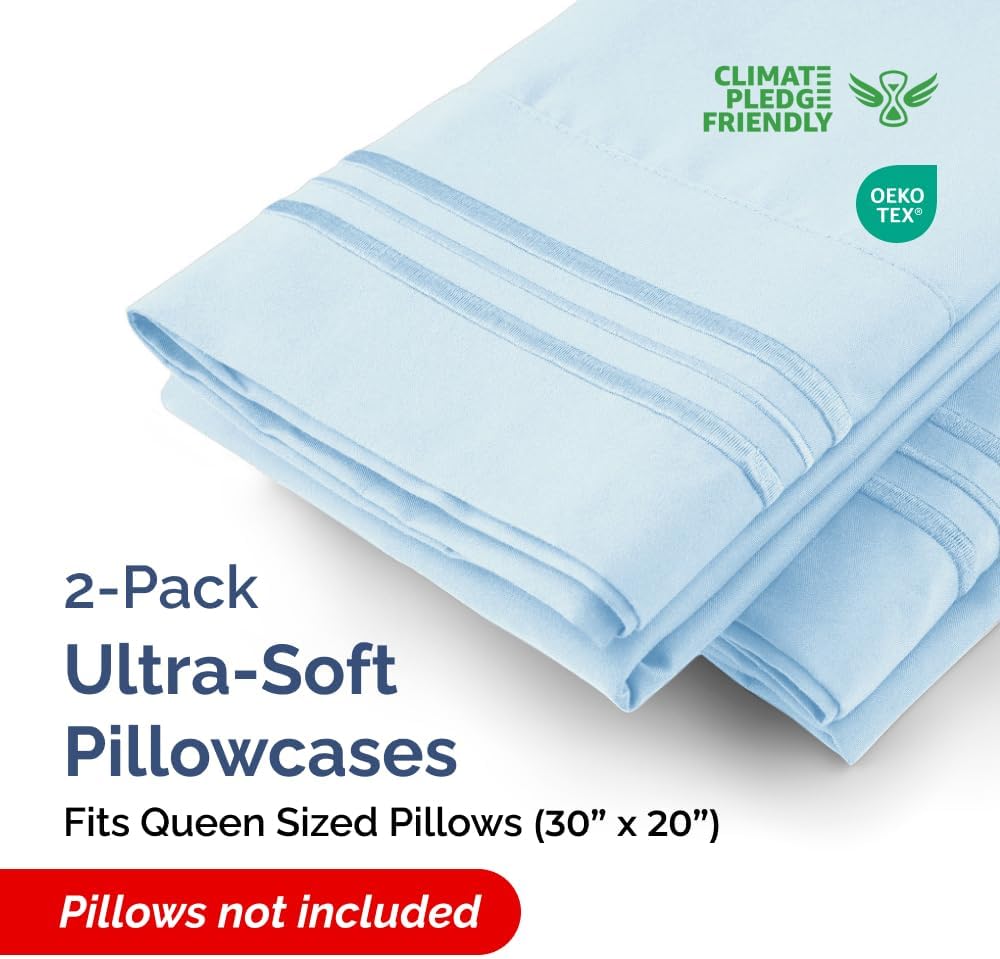 Queen Pillow Cases Set of 2 - Ultra Soft Hotel Quality Pillowcase Covers - Comfy, Cozy & Wrinkle Free - Shrinkage, Stain & Fade Resistant - Machine Washable Pillow Protectors - 2 Piece Set - Sky Blue