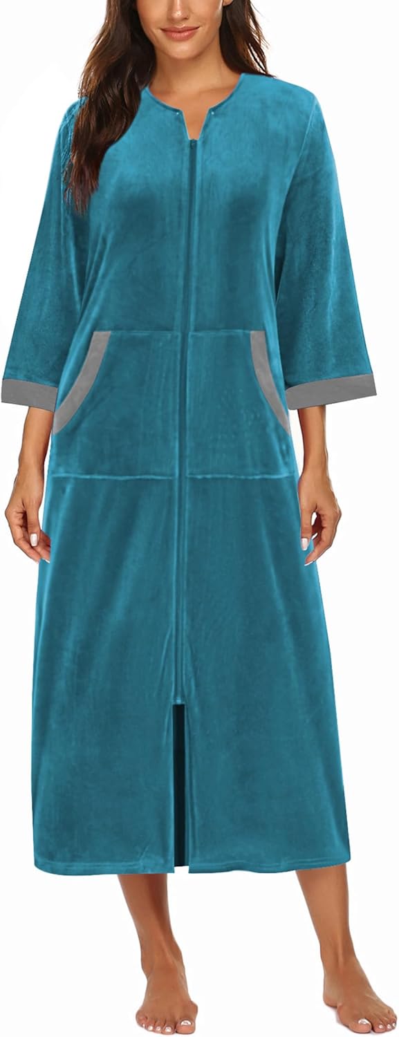 Ekouaer Women Zipper Robe 3/4 Sleeves Loungewear Dress Full Length Sleepwear Pockets Housecoat Nightgown Long Bathrobe