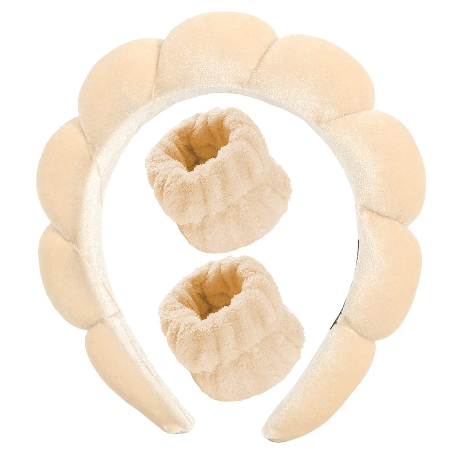 Luckybear Spa Headband for Washing Face, Velvet Makeup Headband with Face Wash Wristbands - Nude