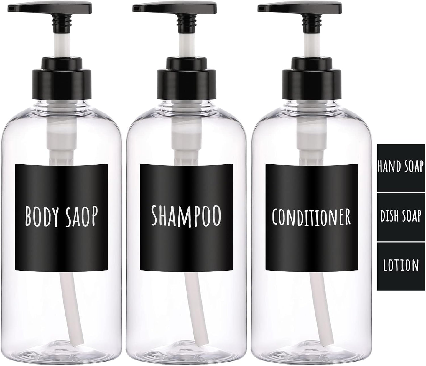 Shampoo Bottles with Labels, Segbeauty 3pcs 16.9oz/500ml Plastic Pump Bottle Dispenser, Empty Refillable Shower Lotion Body Soap Shampoo Conditioner Press Dispenser for Hotel Bathroom Kitchen Clear