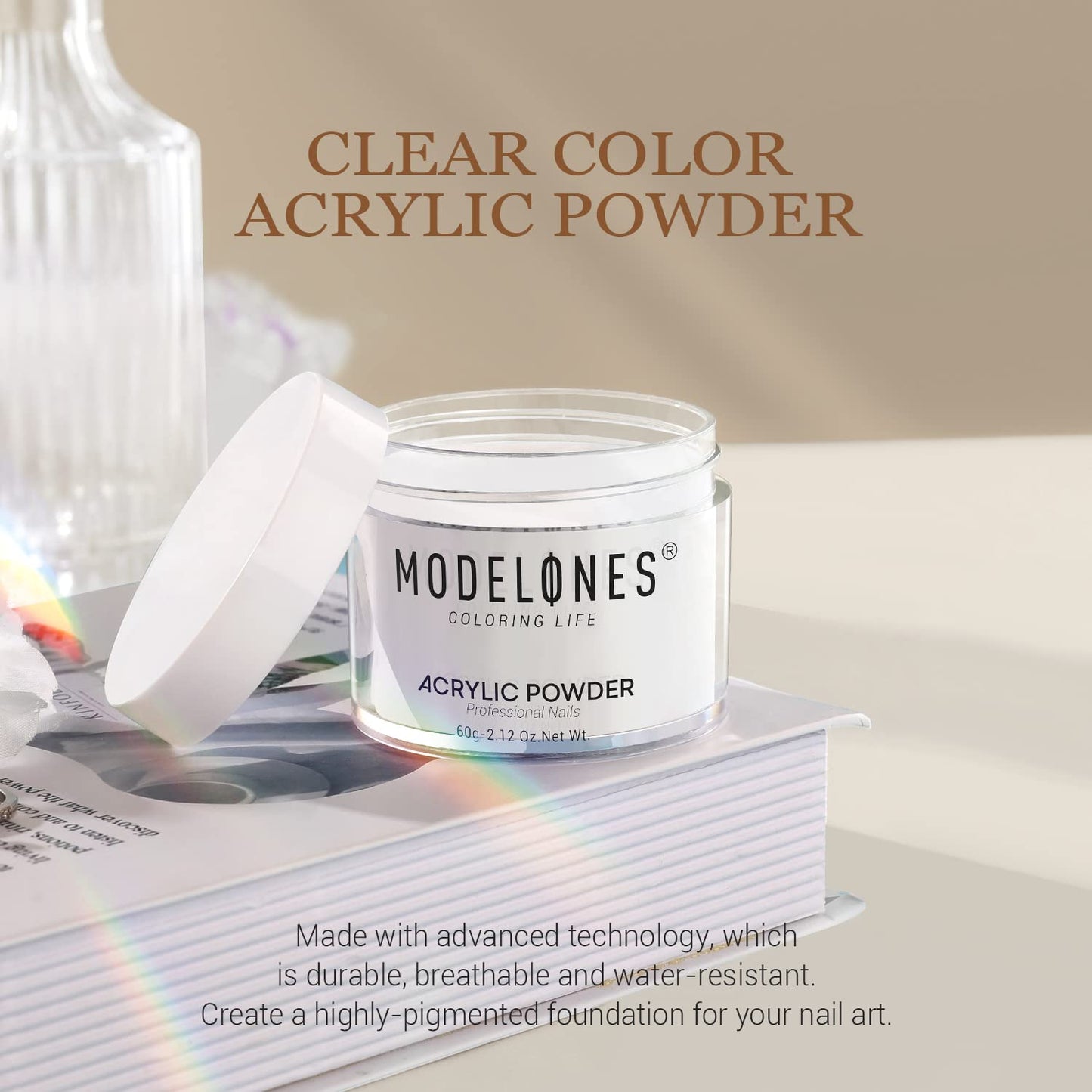 Modelones Acrylic Powder, 2.12oz Transparent Professional Acrylic Nail Powder for Nails Extensiosn French Naisl Art 3D Flowers, Carving, Beginner-Friendly