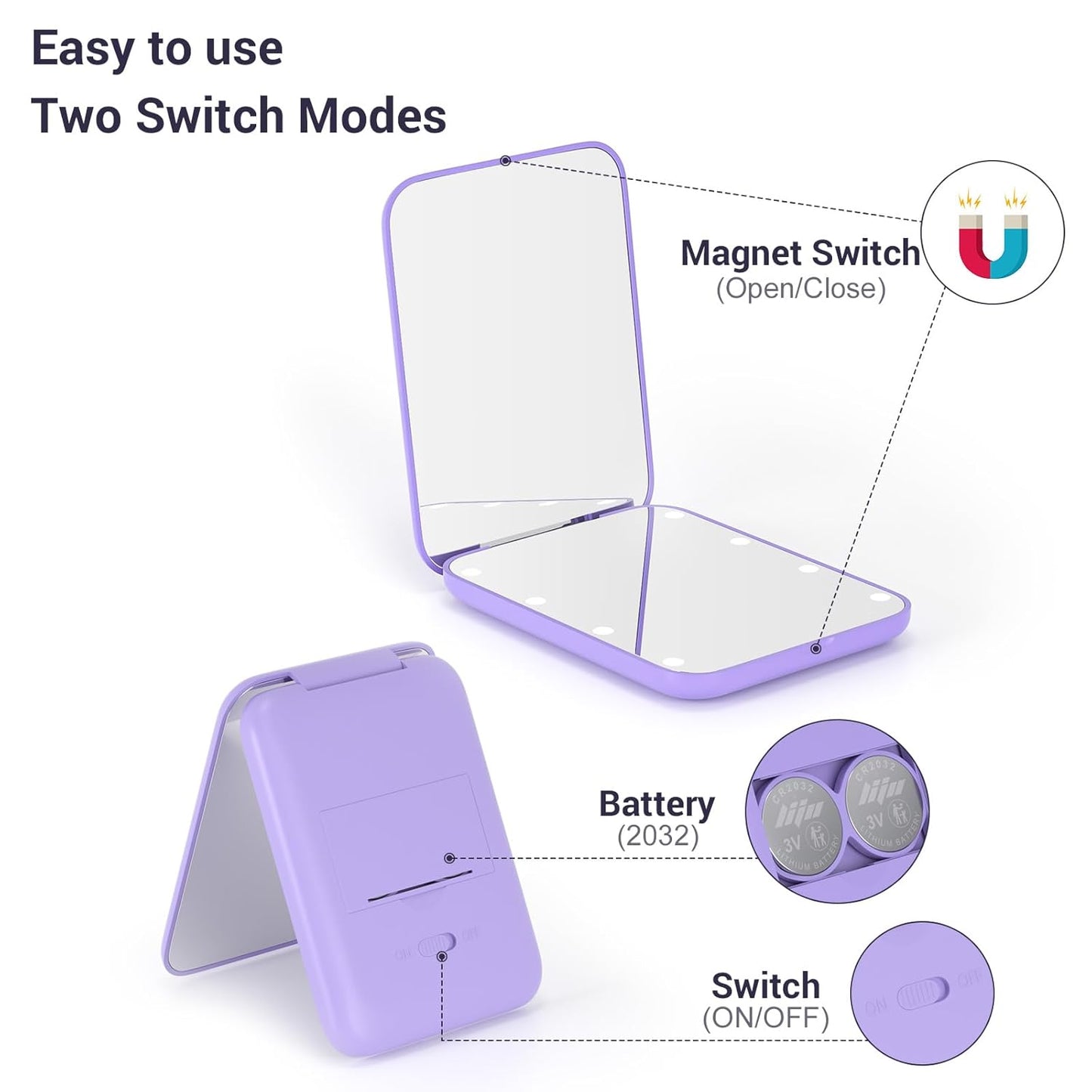 Kintion Pocket Mirror, 1X/3X Magnification LED Compact Travel Makeup Mirror with Light for Purse, 2-Sided, Portable, Folding, Handheld, Small Lighted Mirror for Gift, Purple
