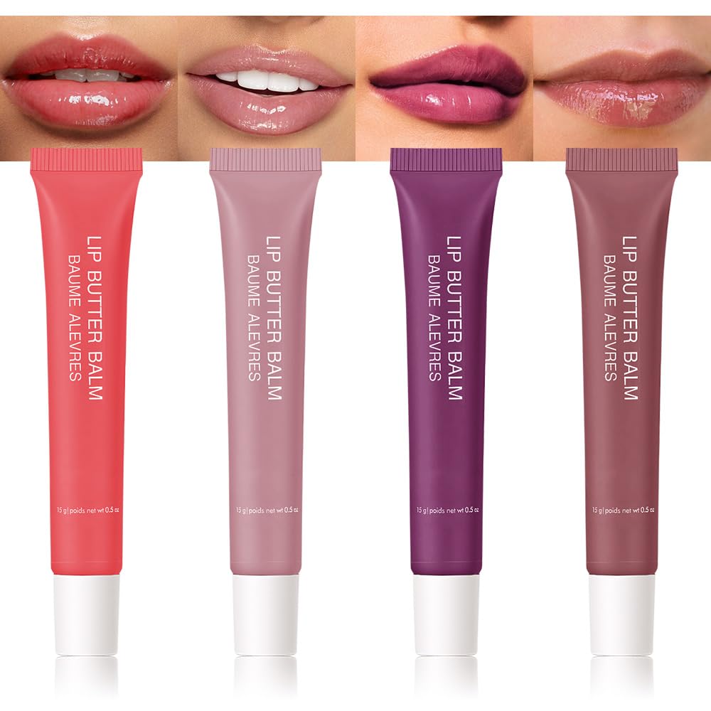 4Pcs Tinted Lip Balm Serum Makeup, Squeeze Hydrating Tint Lips Balms Serum Cosmetic, Women Care Glossy Nourishing Plumping Lip Stain Gloss Lipstick Suitable for dry lips, Set02(#3+#5+#6+#7)
