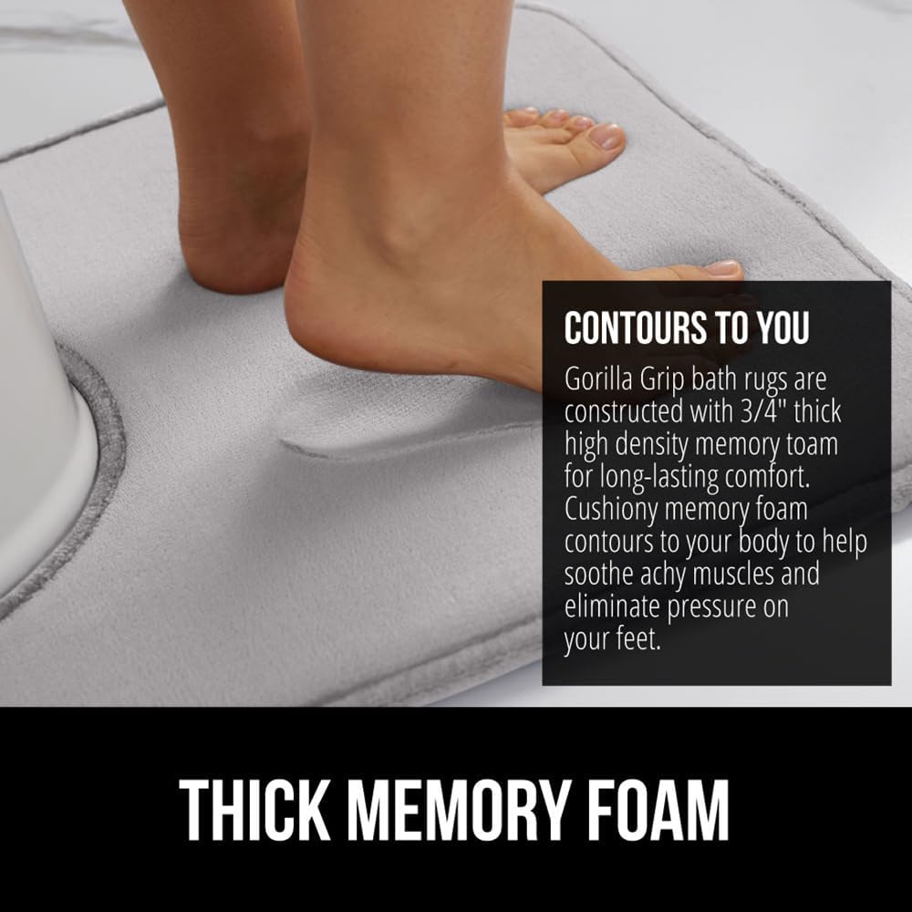 GORILLA GRIP Thick Memory Foam Toilet Rug for Bathroom, U Shaped Washable, Soft Absorbent Velvet Topside Floor Mats, Machine Wash, Cushioned Luxury Rugs for Bath Room, 22.5 x 19.5 Light Gray