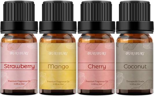 BURIBURI Fruit Essential Oils Gift Set 4Pack - Premium Fruity Fragrance - Strawberry, Cherry, Mango, Coconut for Diffusers, Home, Candle & Soap Making