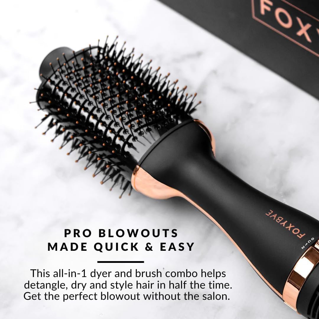 FoxyBae Blowout Hot Air Brush - 75mm Hair Dryer, Curler, Volumizer & Straightener - Ceramic Tourmaline Ionic Technology with Dual Bristles (Black Rose-Gold)