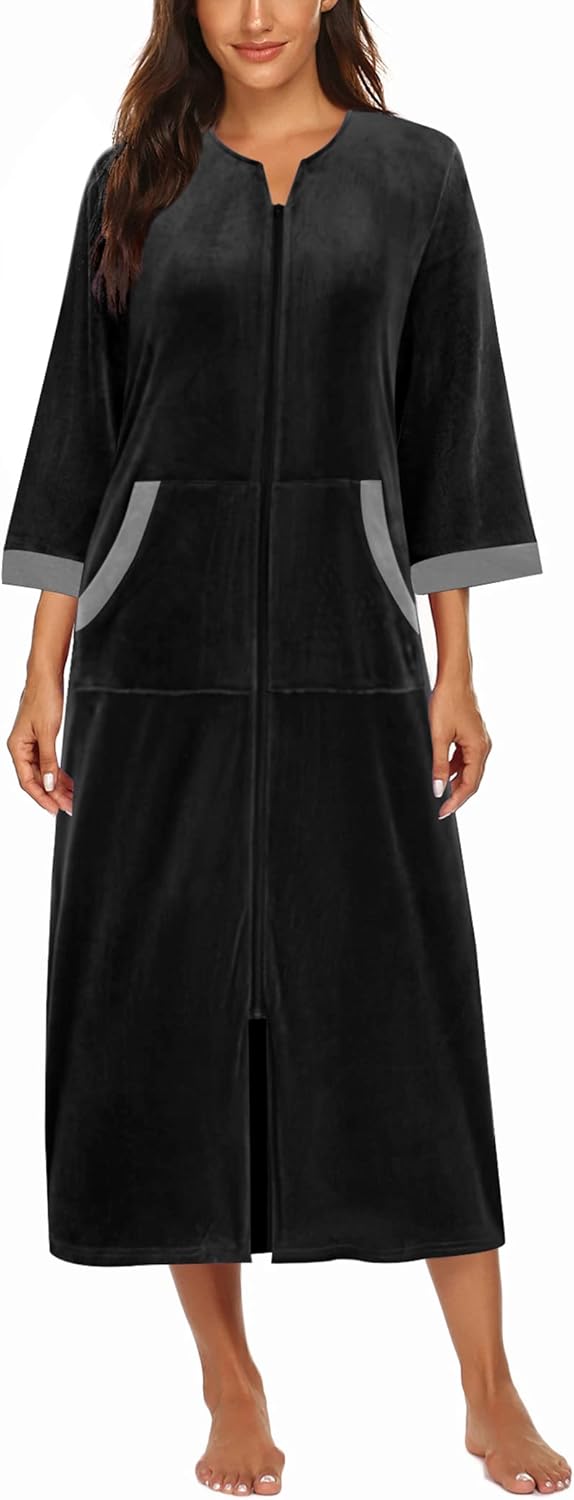 Ekouaer Women Zipper Robe 3/4 Sleeves Loungewear Dress Full Length Sleepwear Pockets Housecoat Nightgown Long Bathrobe