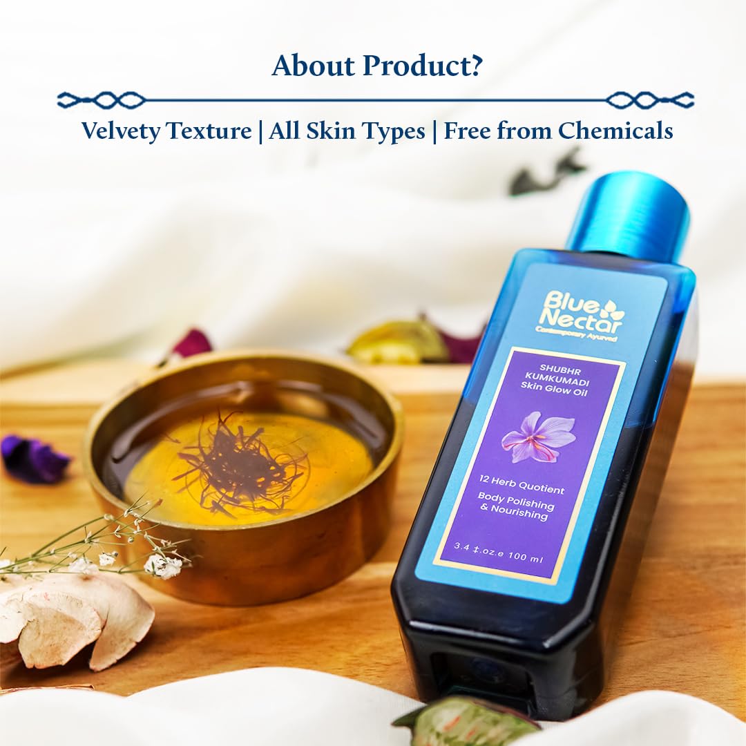 Blue Nectar Kumkumadi Body Oil for Glowing Skin | Moisturizing Oil for Dry Skin with Relaxing Aroma | Plant Based Body Oil for Women & Men (12 Herbs, 6.76 fl oz)