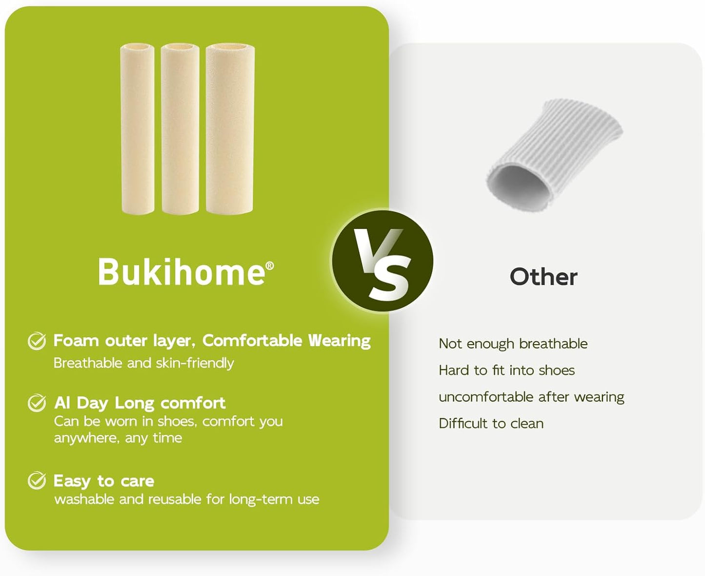 Bukihome Cuttable Toe Tubes Sleeves - Foam Toe Protectors for Corns, Calluses, Blisters - Fabric & Breathable Gel Lining Toe Sleeve Protectors Relief Pressure Pain - 3 Count, White