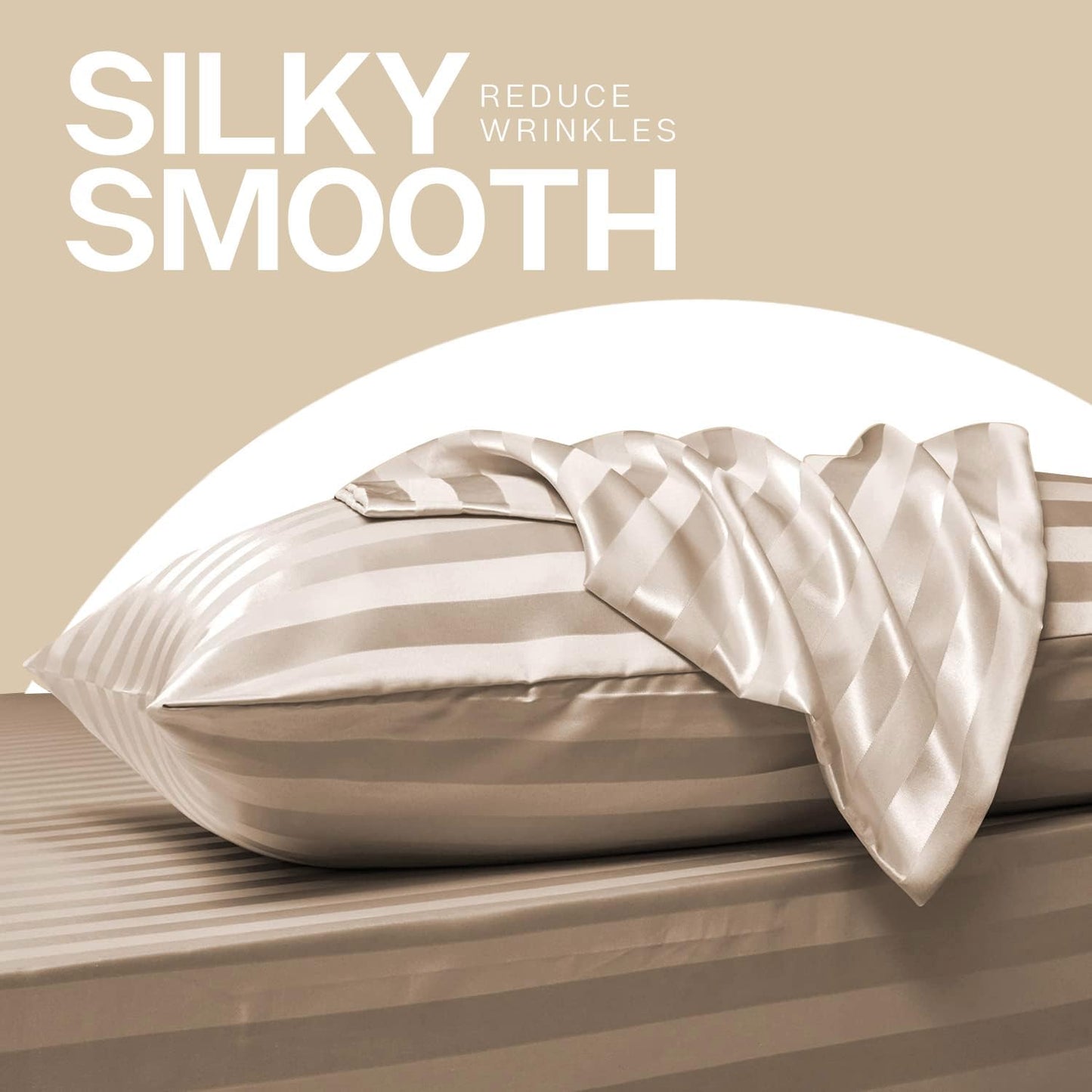 MR&HM Satin Pillowcase for Hair and Skin, Silk Satin Pillowcase 2 Pack, Standard Size Pillow Cases Set of 2, Silky Pillow Cover with Envelope Closure (20x26, Champagne Striped)