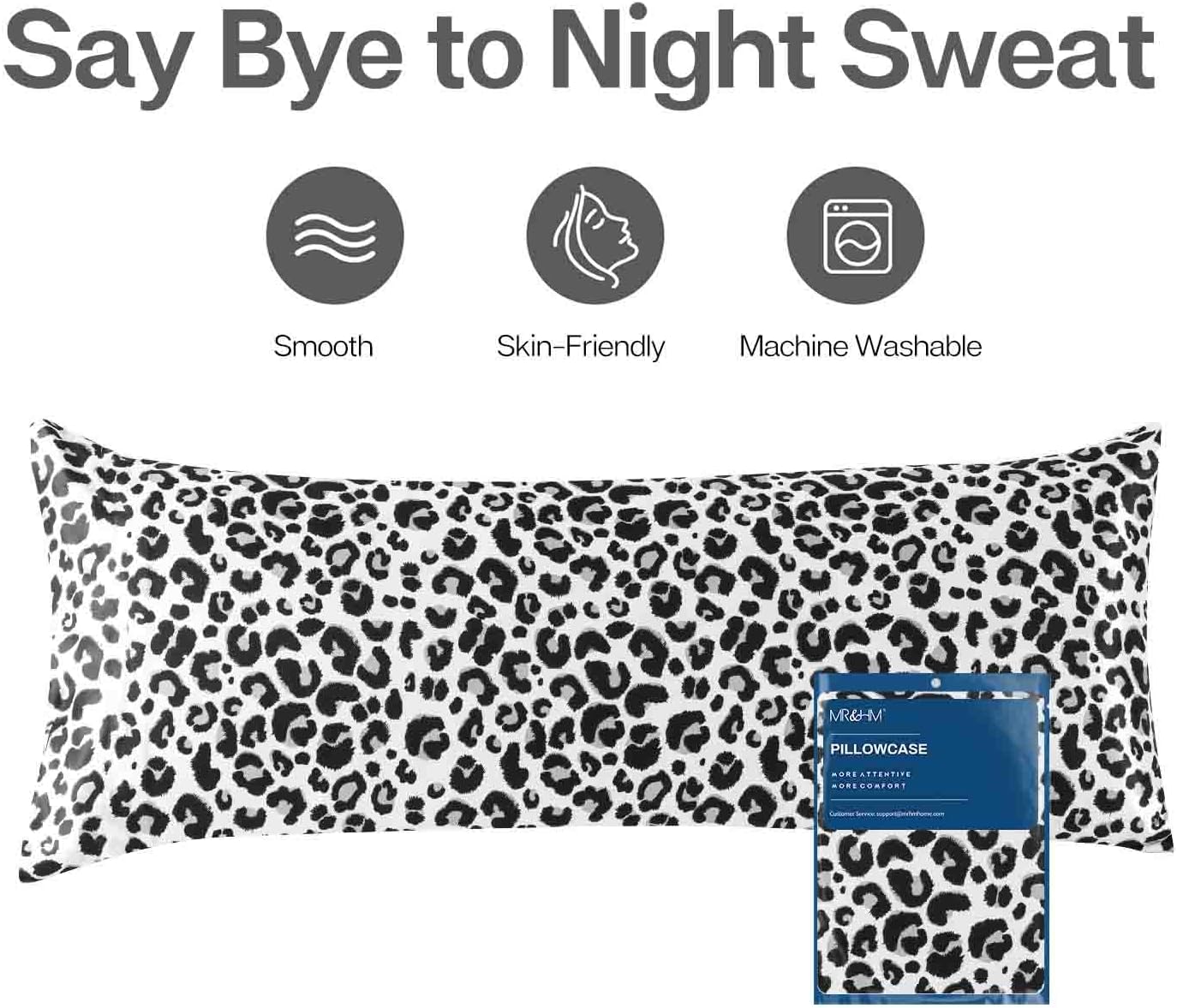 MR&HM Satin Body Pillow Cover, Soft and Breathable Body Pillow Case with Envelope Closure, Cooling and Silky Long Pillowcase for Hair and Skin,Grey (20x54, White Leopard)