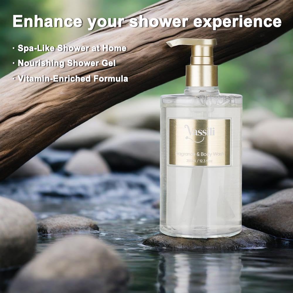 Vassili Fragrance Body Wash - Long-Lasting Aroma with Exotic Notes,Moisturizing & Gentle,For All Skin Types,Easy Rinse,12.3fl oz (Muskwood Whisper)