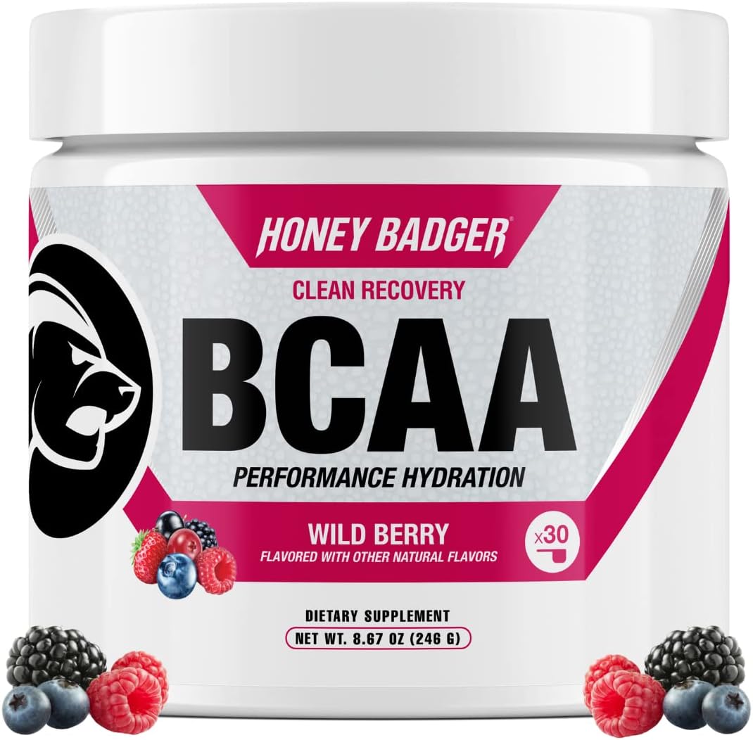 Honey Badger BCAA + EAA Amino Acids Powder, BCAAs + L-Glutamine, Keto, Vegan, Sugar Free for Men & Women, Hydration & Post Workout Muscle Recovery Drink Mix, Wild Berry, 30 Servings
