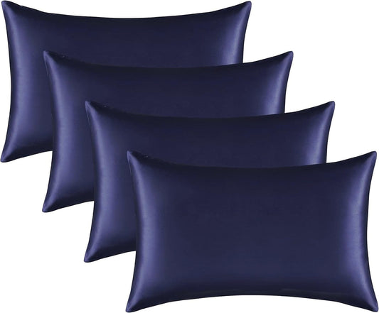 Satin Silk Pillowcase for Hair and Skin, Black Pillow Cases Standard Size Set of 4 Pack Super Soft Pillow Case with Zipper Closure (Navy, Standard(4 Pack))