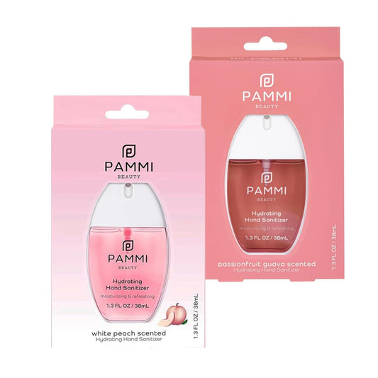 PAMMI Power Mist Hydrating Hand Sanitizer Spray, Portable Travel Size Pocket Hand Sanitizer, Scented Handsanitizer Mini Spray For Car - 600 Sprays (2 Packs (Guava, Peach))