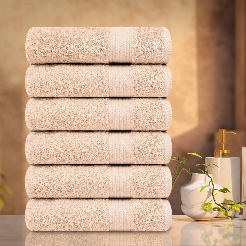 Ample Decor Hand Towel 18 X 28 Inch Pack of 6 600 GSM 100% Cotton,Oeko Tex Certified Soft Absorbent Thick Durable Premium Quality, for Hotel, Bathroom,Spa,Daily Use,Gym-Machine Washable-Beige