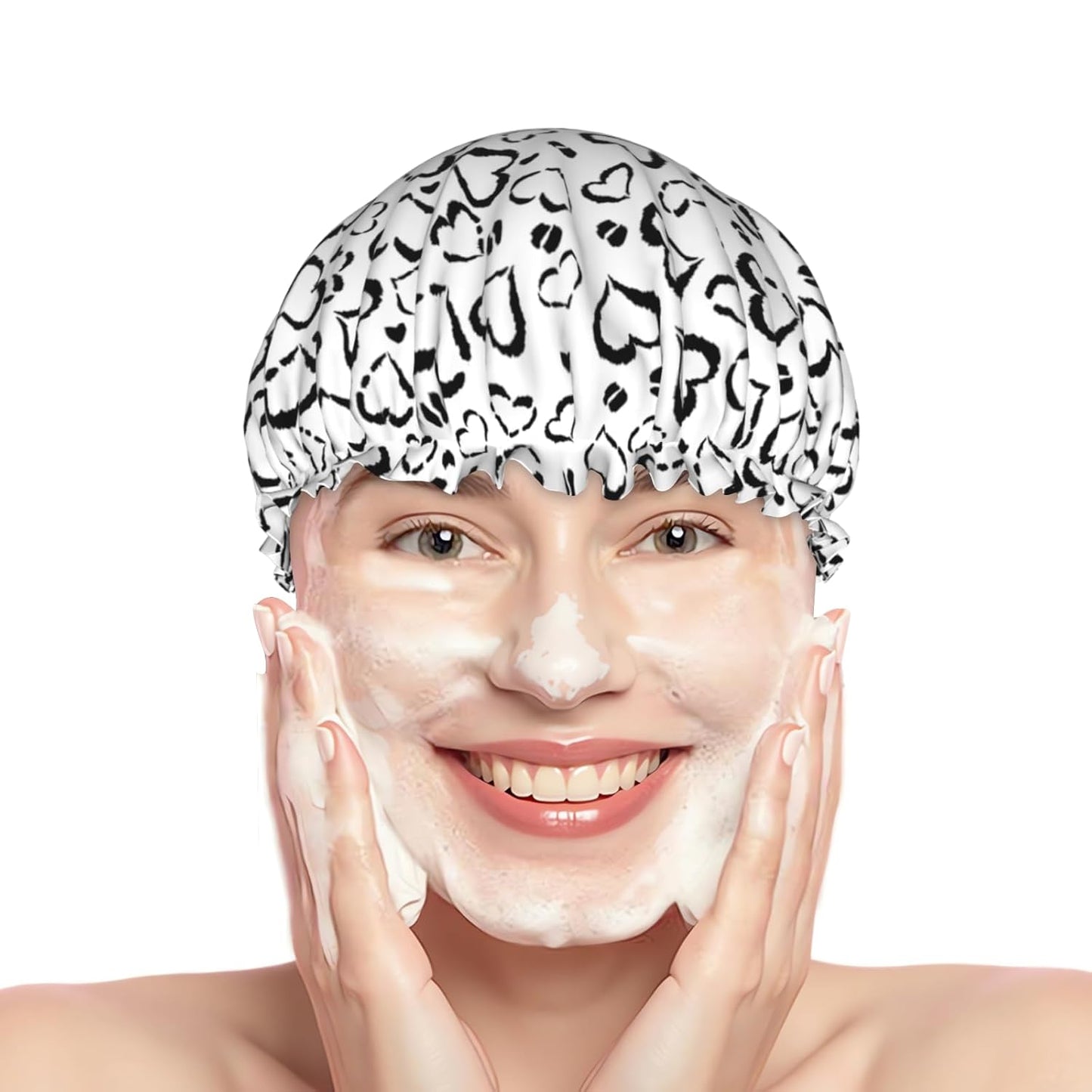 Black Heart Leopard Print Shower Caps Dual-Layer Waterproof Bath Hat Black White Hair Caps Elastic Reusable Hair Hat for Shower Cooking Clean Makeup Travel