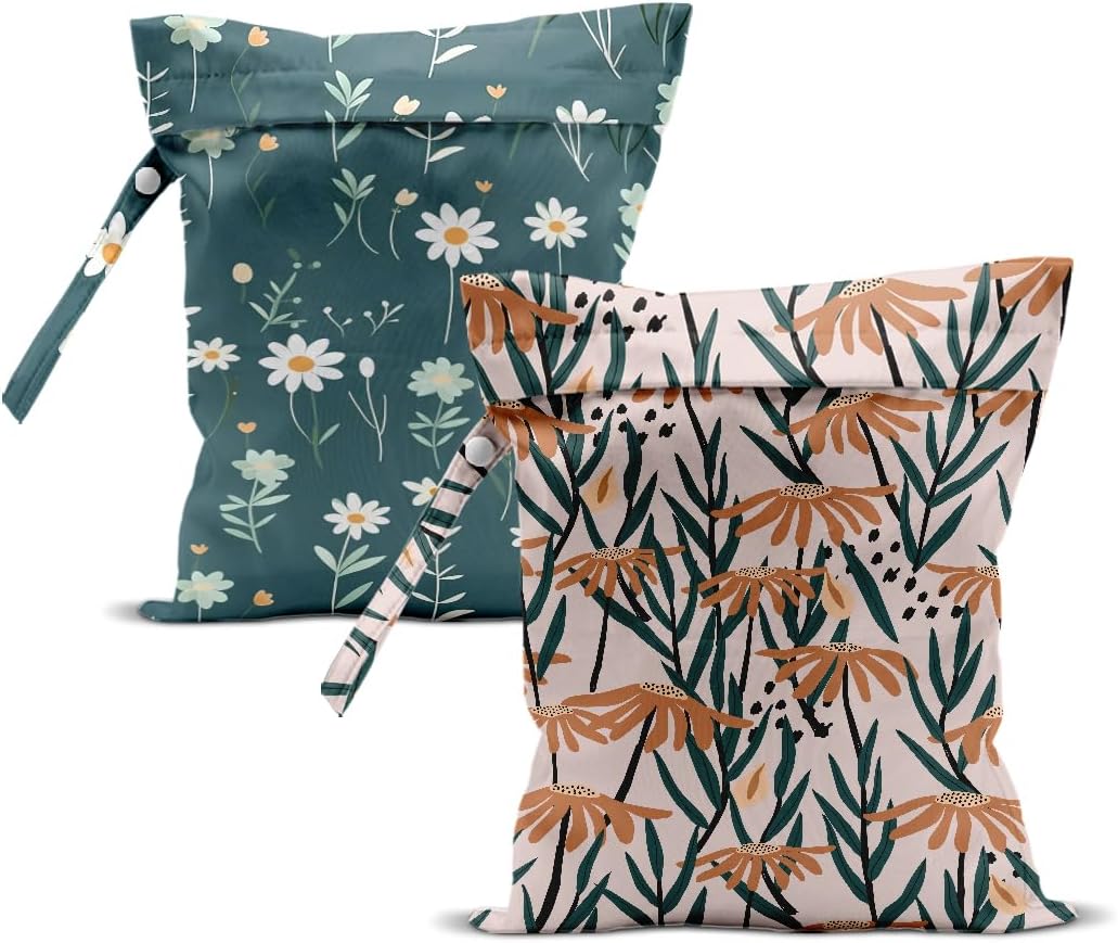 2Pcs Wild Flower Wet Bag 12x10 Inch, Daisy Waterproof Travel Laundry Bags, Floral Washable Reusable Wet Dry Bag for Swimsuit Pool Beach Diapers Dirty Yoga Gym Clothes, Flowers Gifts for Women Friend