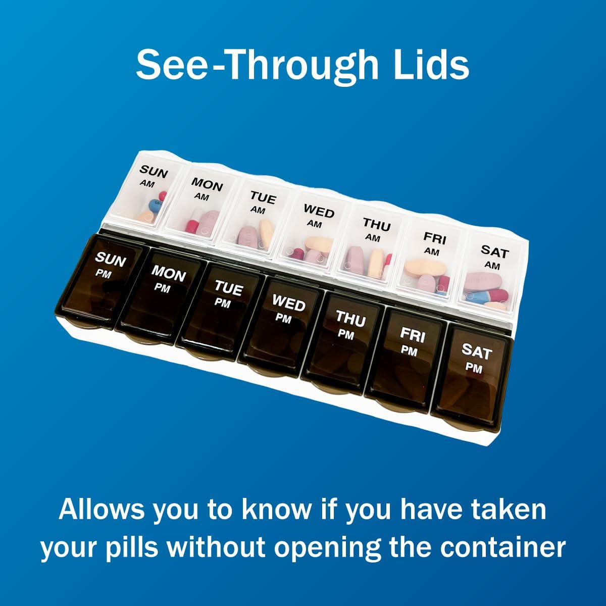 Amazon Basic Care (7-Day) AM/PM Pill Organizer, Vitamin Case, and Medicine Box, Large Compartments, 2 Times a Day, Black and Clear Lids (Pack of 2)