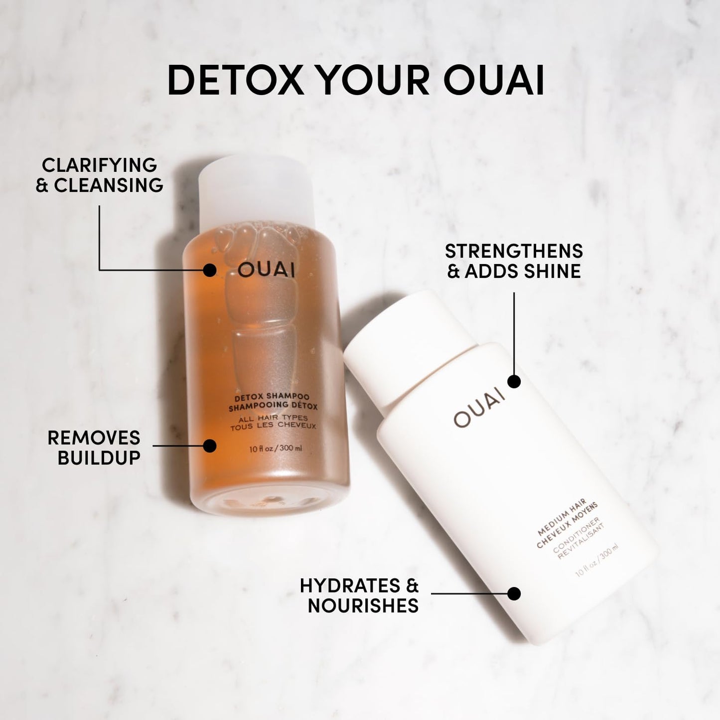 OUAI Detox Shampoo & Medium Hair Conditioner Bundle - Clarifying Shampoo for Build Up, Dirt, Oil, Product and Hard Water & Hydrating Conditioner for Medium Hair (2 Count)