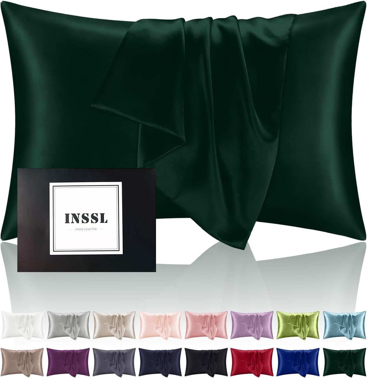INSSL Silk Pillowcase for Women, Mulberry Silk Pillowcase for Hair an Skin and Stay Comfortable and Breathable During Sleep(Dark Green,Standard)