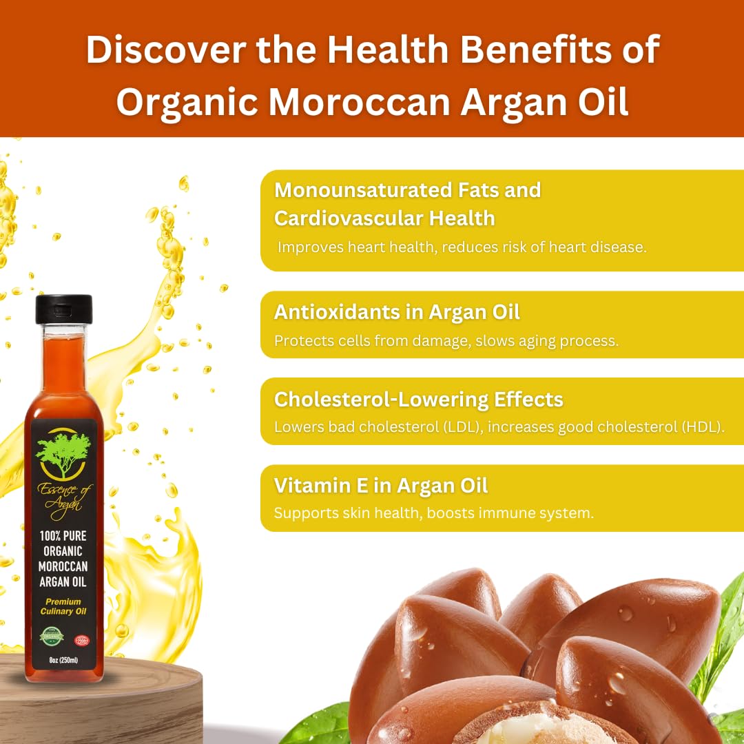 Essence of Argan Organic Moroccan Argan Oil for Cooking 8 Ounces - USDA Approved, Eco-Certified Organic Argan Oil with Rich Nutrients - Premium Culinary Oil & Keto Dressing with Toasted Nutty Flavor