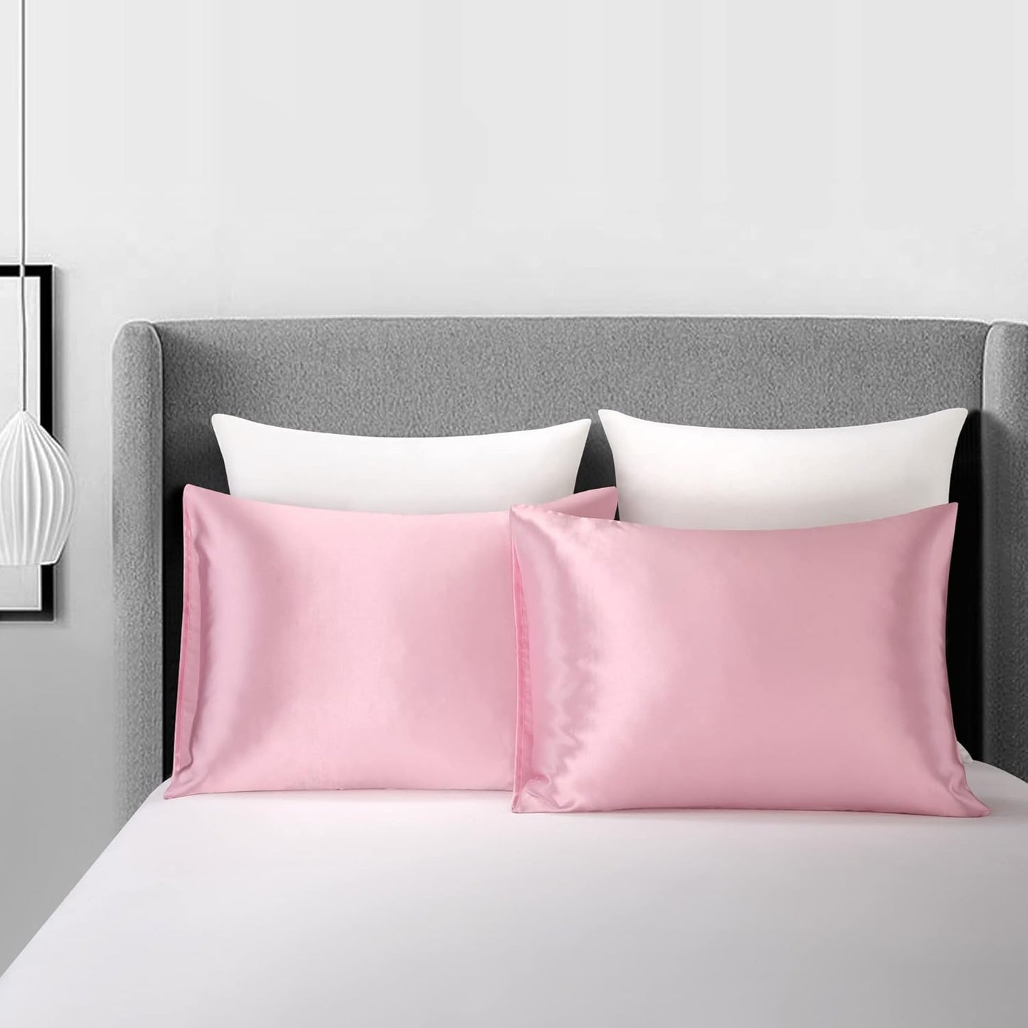 JUWENIN,Luxury Satin Pillowcase with Zipper (Silky Satin Pillow Case for Hair) Set of 2 (Standard, Pink)