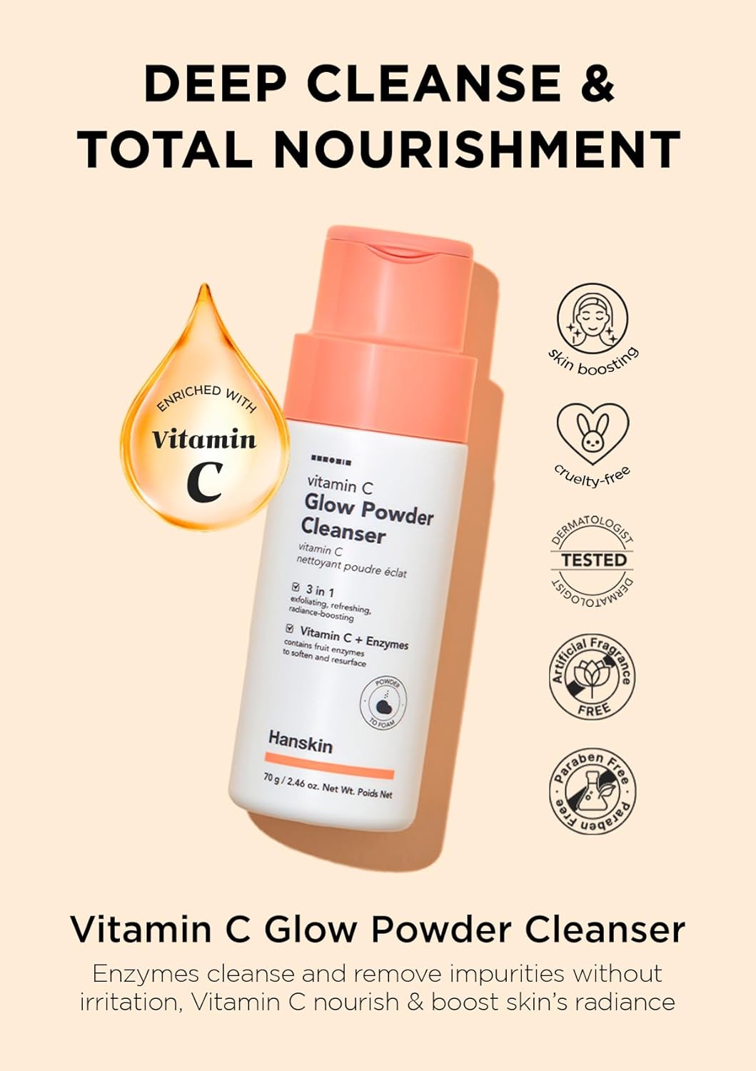 Hanskin Vitamin C Glow Powder Cleanser - Gentle Face Wash for Brightening & Radiant Skin, Papaya Enzyme Powder Facial Cleanser for Dry Skin, Exfoliating & Refreshing Korean Skincare [2.36 fl oz.]