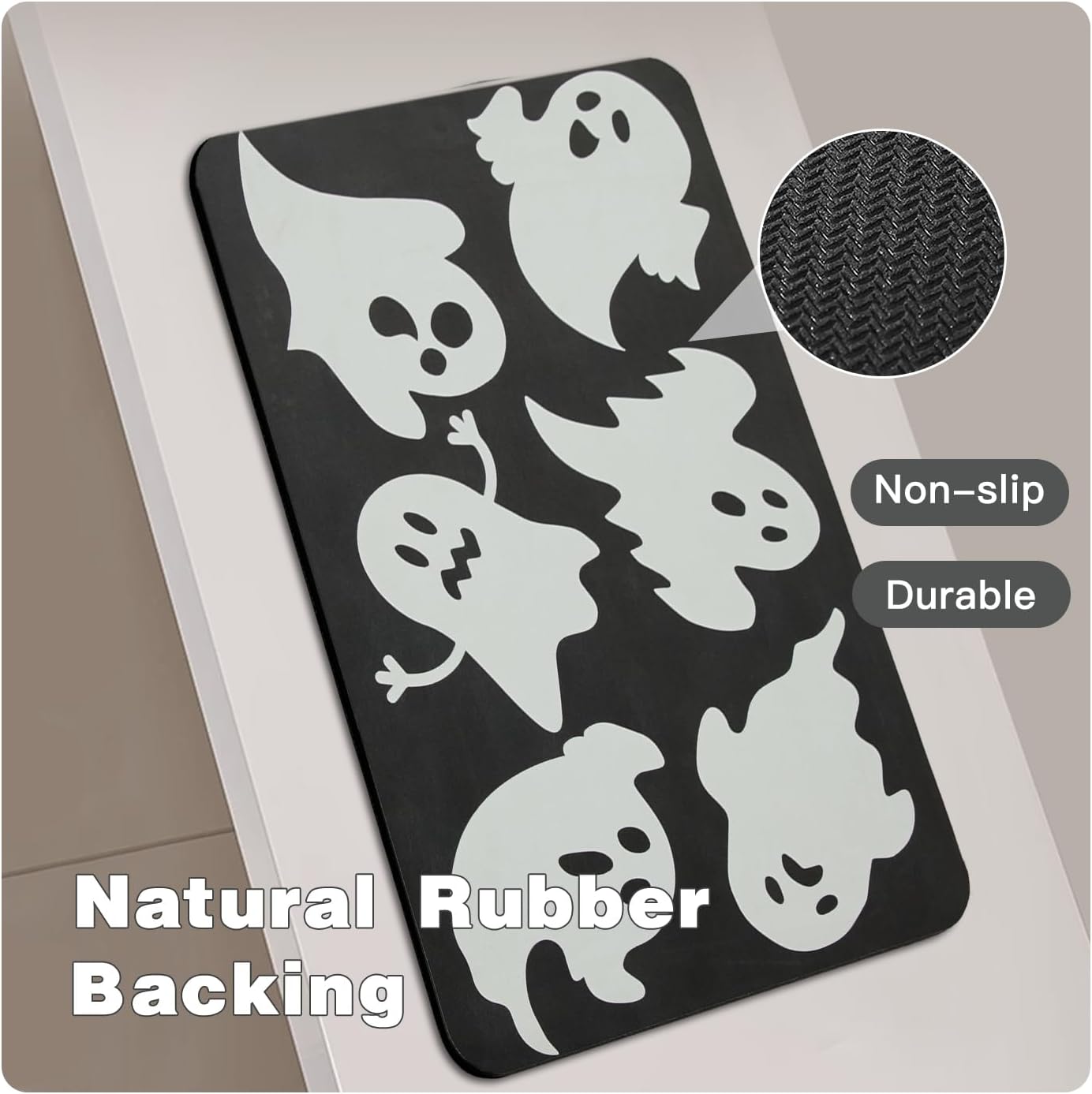 Halloween Bath Mat, Thin Halloween Bathroom Rug Non Slip Quick Dry Ghost Bath Mat Fits Under Door Thin Floor Mat Halloween Decor, 24''x36'', Ghosts Black