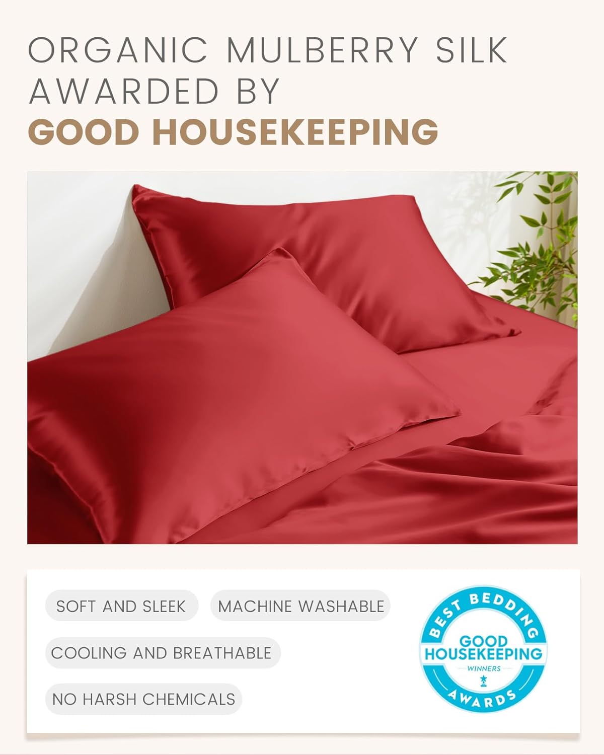 THXSILK Set of 2 100% Silk Pillowcases for Hair and Skin, Both Sides Grade 6A+ Natural Mulberry Silk Pillow Case with Hidden Zipper, Soft and Smooth Pillowcases(Red, Queen Size 20"x30")