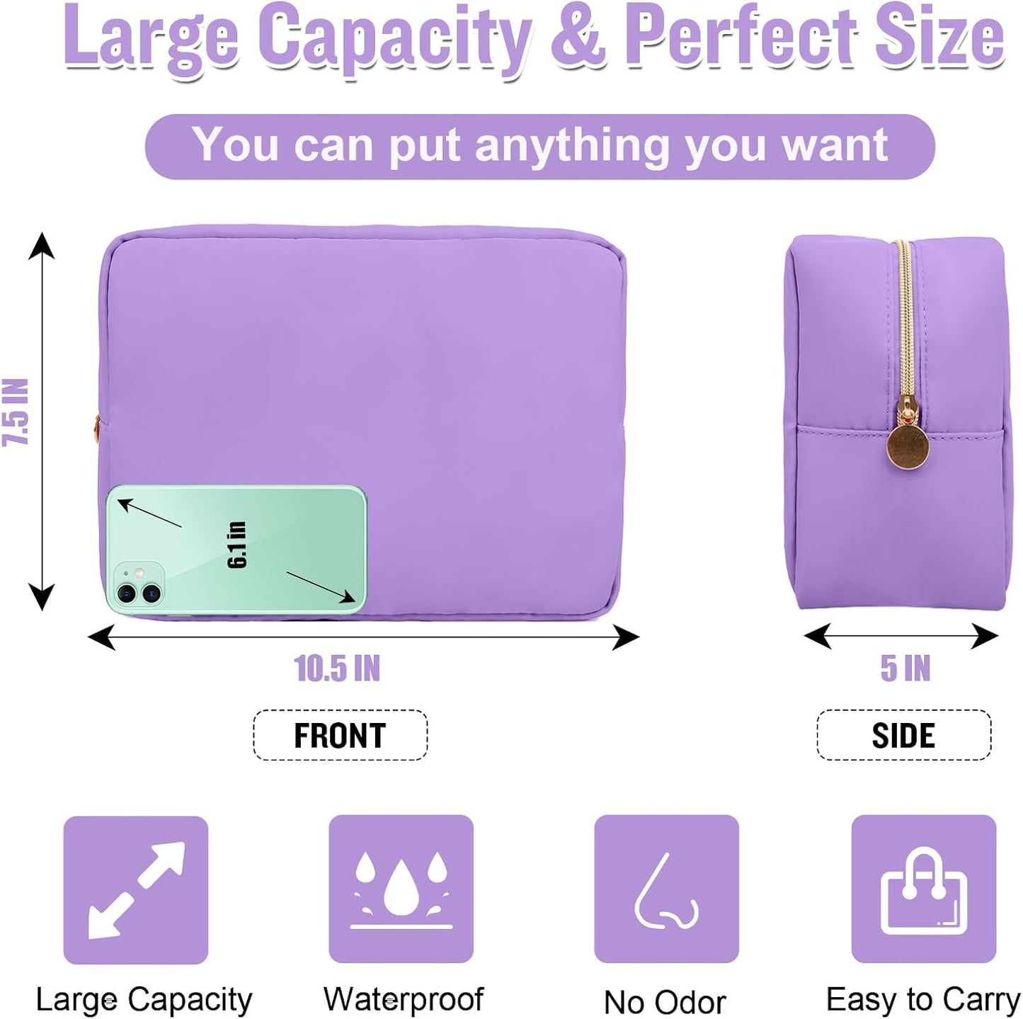 Nylon Large Makeup Bag Travel Cosmetic Bag Pouch, Preppy Big Makeup Bag Cute Cosmetic Zipper Pouch Purse, Waterproof Toiletry Bag Clutch Makeup Organizer Travel Essentials for Women Men Girls(Purple)