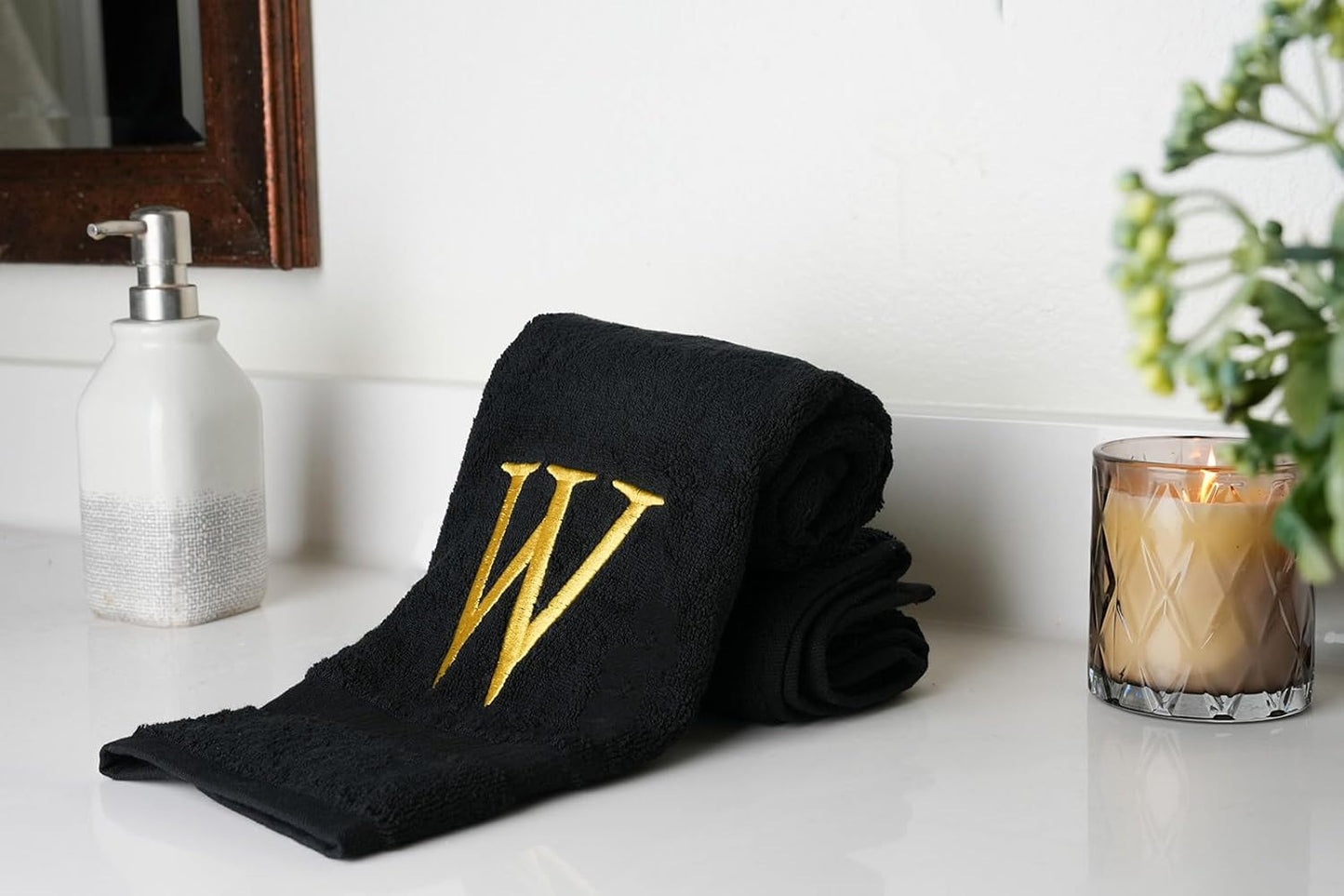 Black Luxury Hand Towel for Bathroom - Monogrammed Initial Hotel Quality Decorative Embroidered Towel for Powder Room, Spa - GOTS Organic Certified - Pack of 2, Letter W