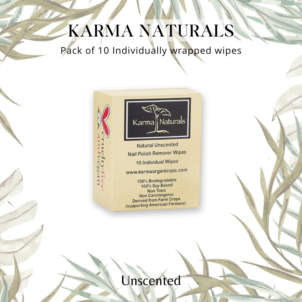 Karma Organic Unscented Nail Polish Remover Wipes, 100% Soy Based, Non-Toxic, Vegan, Cruelty-Free – Pack of 10