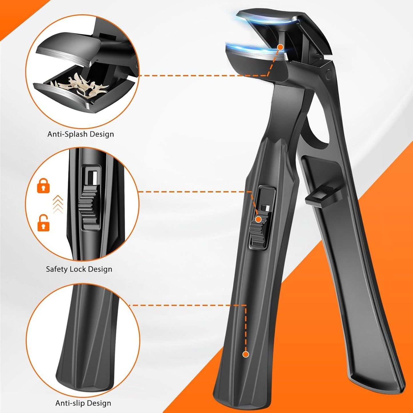 Toenail Clippers for Thick Toenails for Seniors, Angled Head Long Handled Toe Nail Clippers for Men with Wide Jaw Opening, Heavy Duty Large Finger Nail Clippers Adult Cutter with Catcher, Black